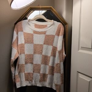 Checkered Knit Sweater - Cream and Tan